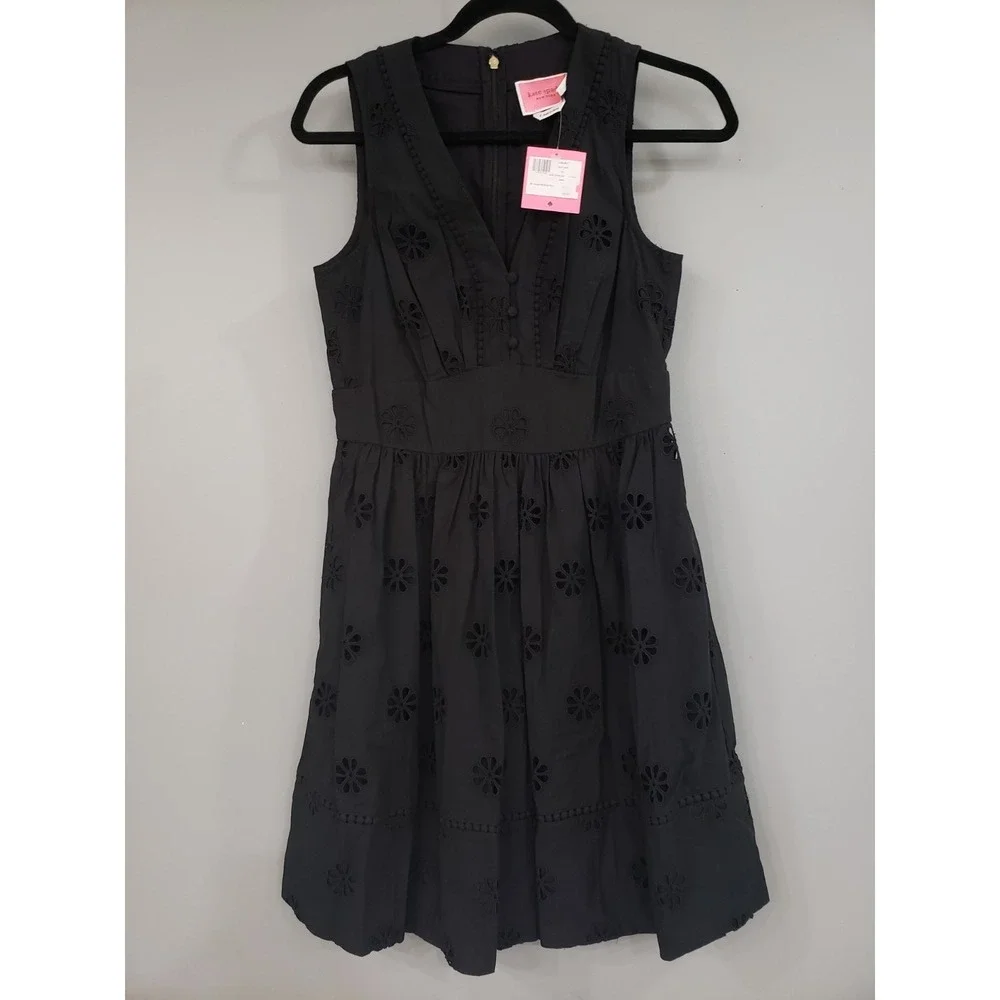 NEW Kate Spade‎ Spade Clover Eyelet Mini Dress Black Floral Size 4 SLEEVELESS